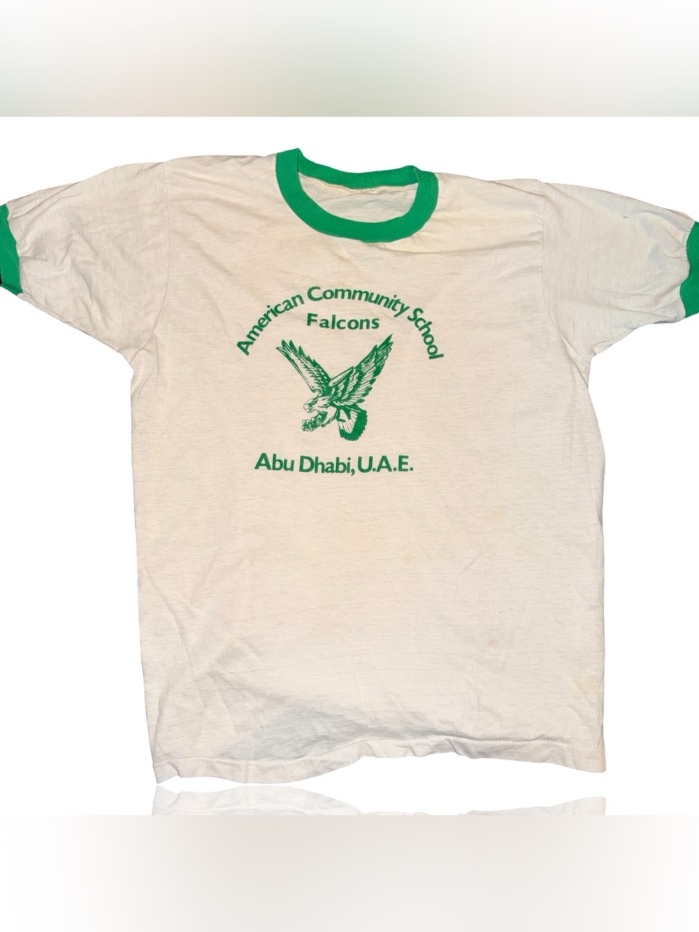 Vintage Trashed American Community School Falcons Ringer Tee - White with Green